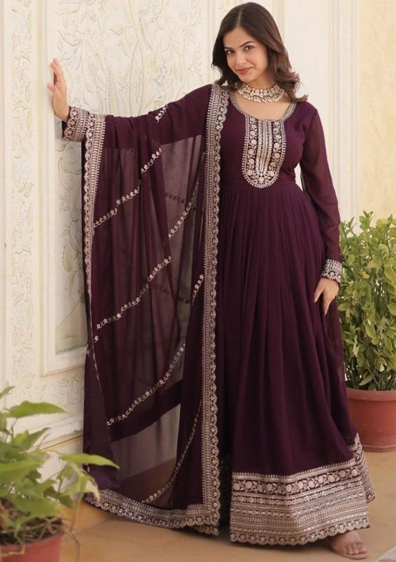 Purple Sequin Embroidered Poly Blend Kurta with Dupatta