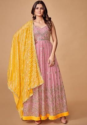 Pink Embroidered Poly Blend Kurta with Dupatta