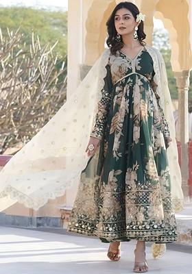 Green Embroidered Poly Blend Kurta with Dupatta