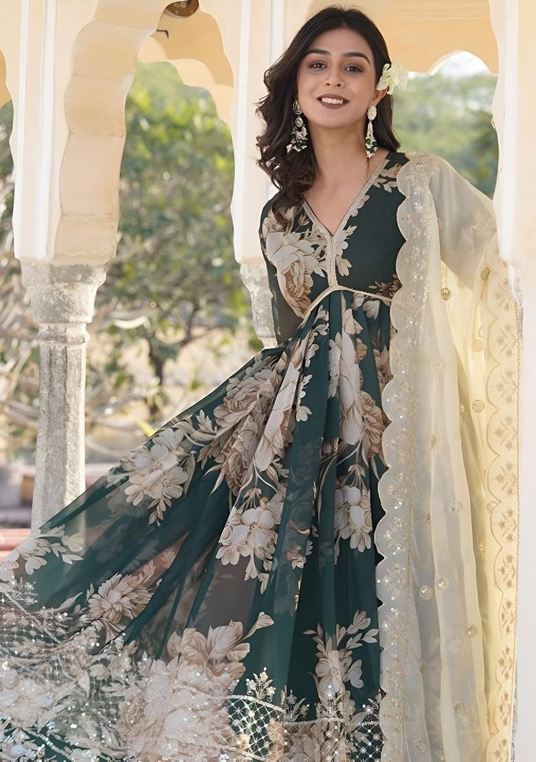 Green Embroidered Poly Blend Kurta with Dupatta