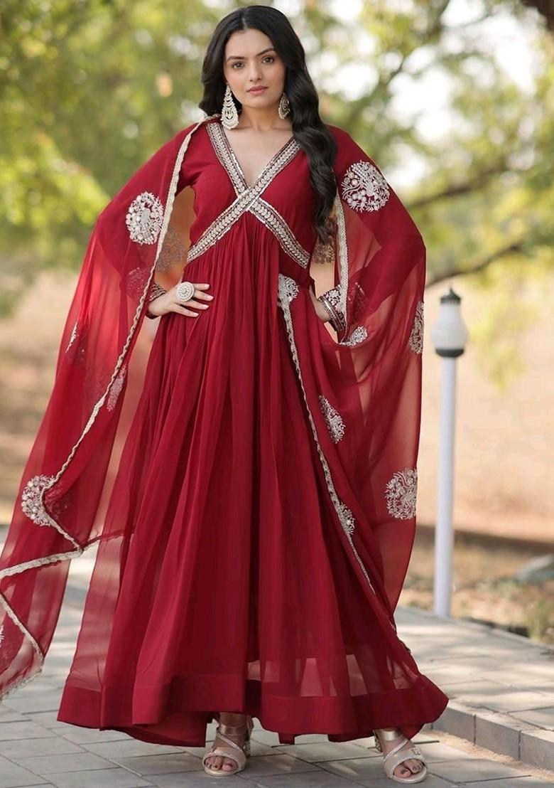 Maroon Embroidered Poly Blend Kurta with Dupatta