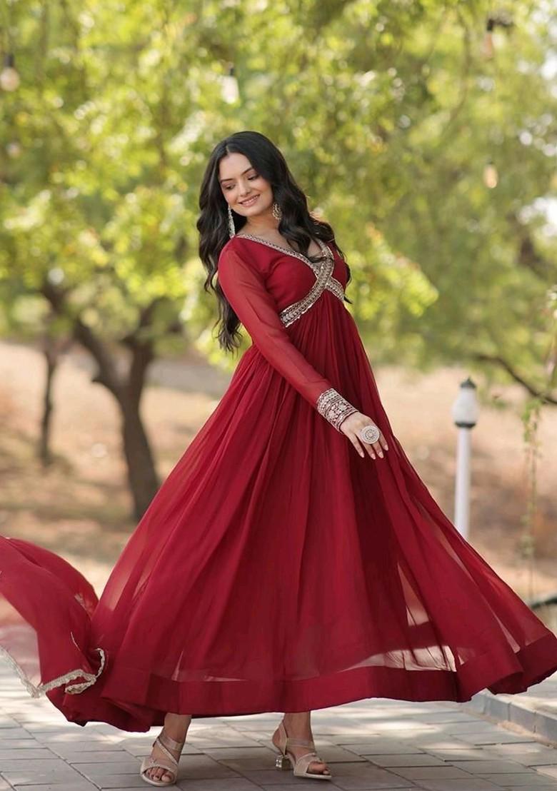 Maroon Embroidered Poly Blend Kurta with Dupatta