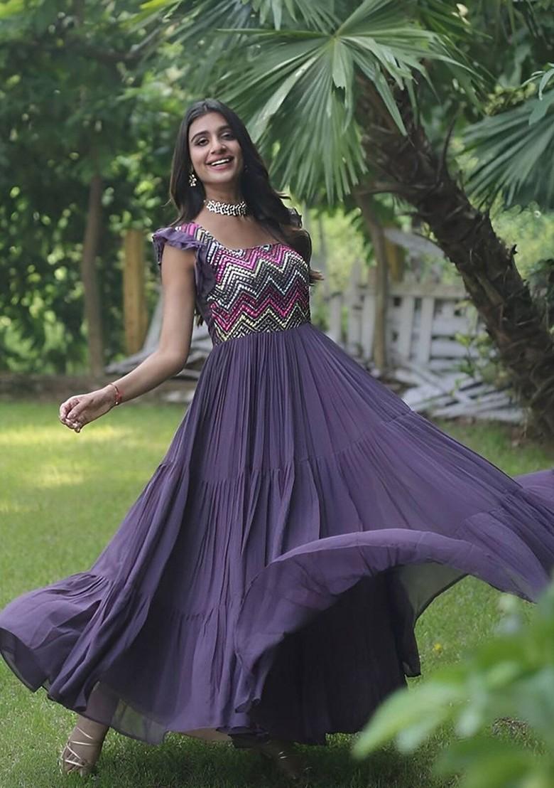 Purple Embroidered Poly Blend Kurta