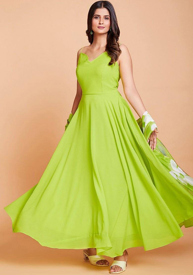 Green Printed Poly Blend Kurta with Dupatta