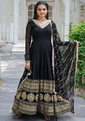Black Sequin Embroidered Poly Blend Kurta with Dupatta