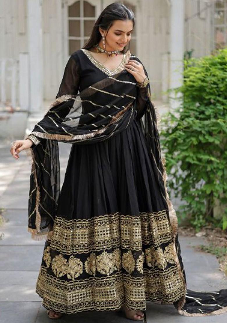 Black Sequin Embroidered Poly Blend Kurta with Dupatta