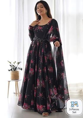 Black Printed Poly Blend Kurta with Dupatta