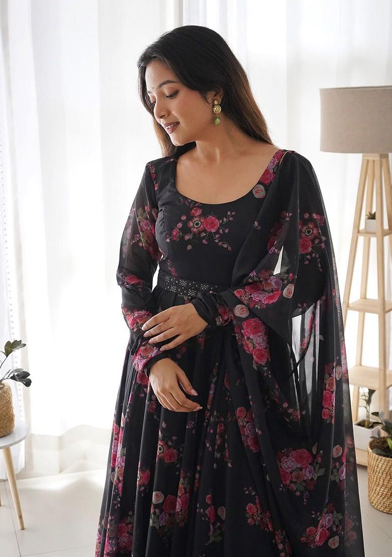 Black Printed Poly Blend Kurta with Dupatta