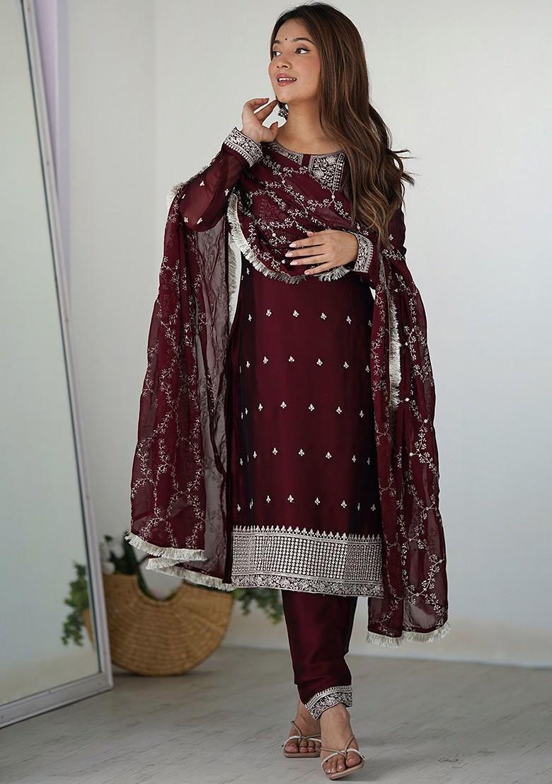 Maroon Embroidered Poly Blend Kurta Sets