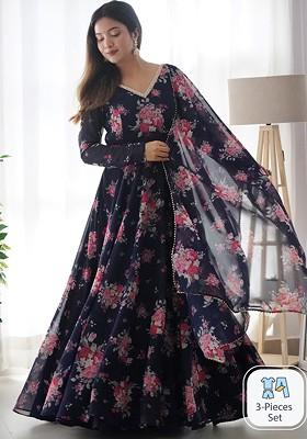 Blue Printed Poly Blend Kurta with Dupatta