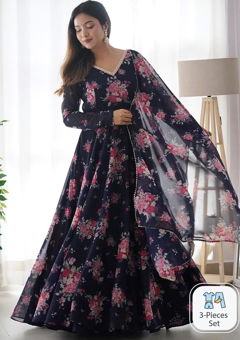 Blue Printed Poly Blend Kurta with Dupatta