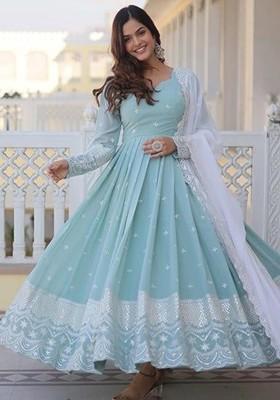 Blue Sequin Embroidered Poly Blend Kurta with Dupatta