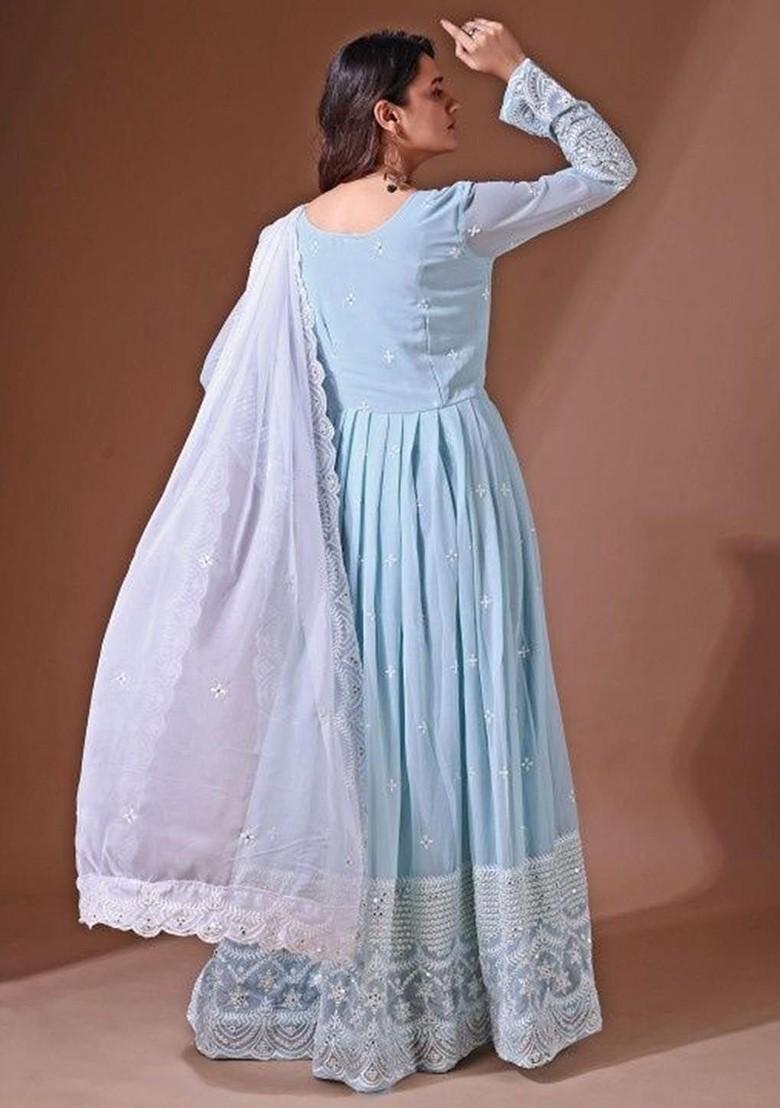 Blue Sequin Embroidered Poly Blend Kurta with Dupatta