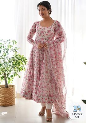 White Printed Poly Blend Kurta Sets