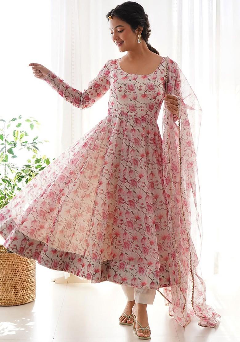 White Printed Poly Blend Kurta Sets