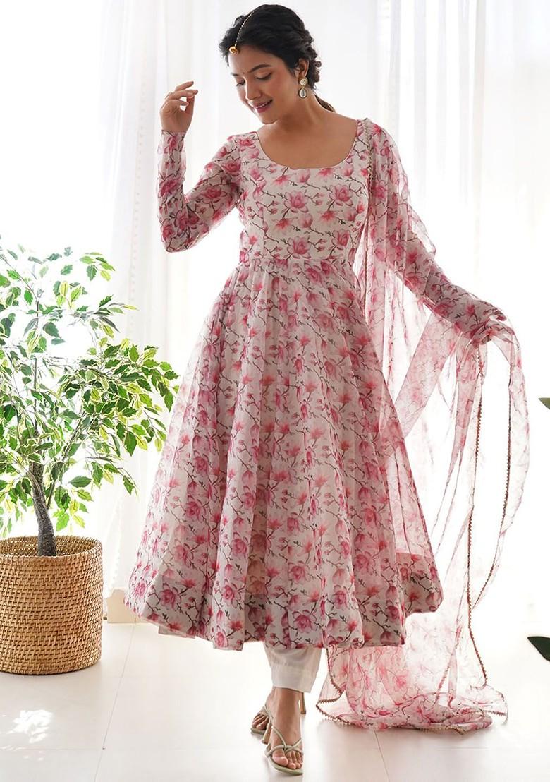 White Printed Poly Blend Kurta Sets