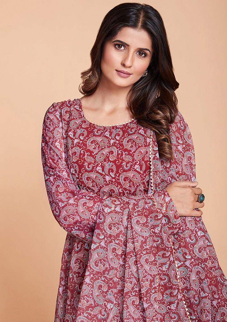 Maroon Printed Poly Blend Kurta Sets