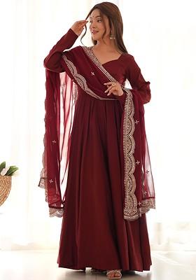 Maroon Sequin Embroidered Poly Blend Kurta Sets