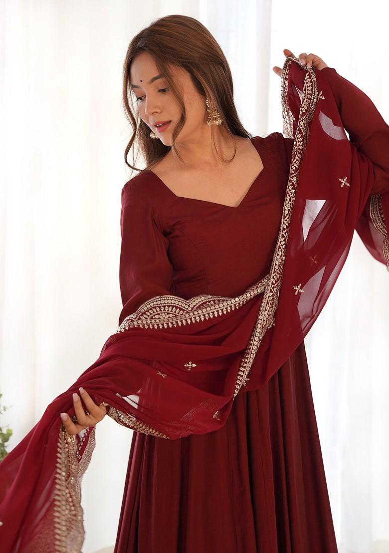 Maroon Sequin Embroidered Poly Blend Kurta Sets