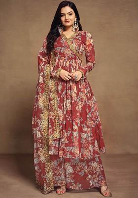Red Printed Poly Blend Kurta Sets