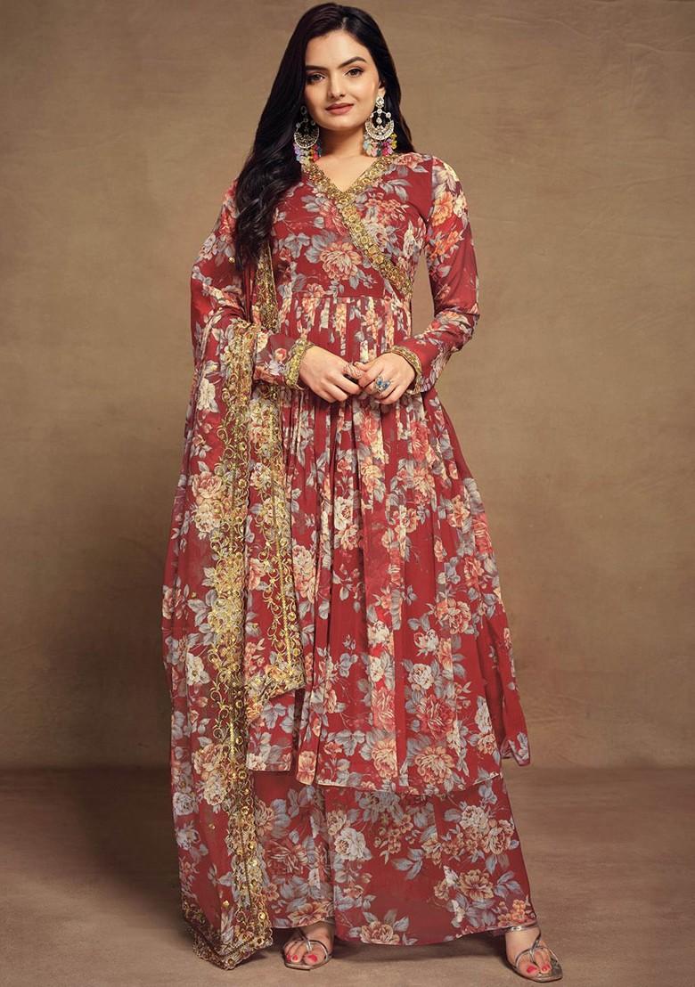 Red Printed Poly Blend Kurta Sets