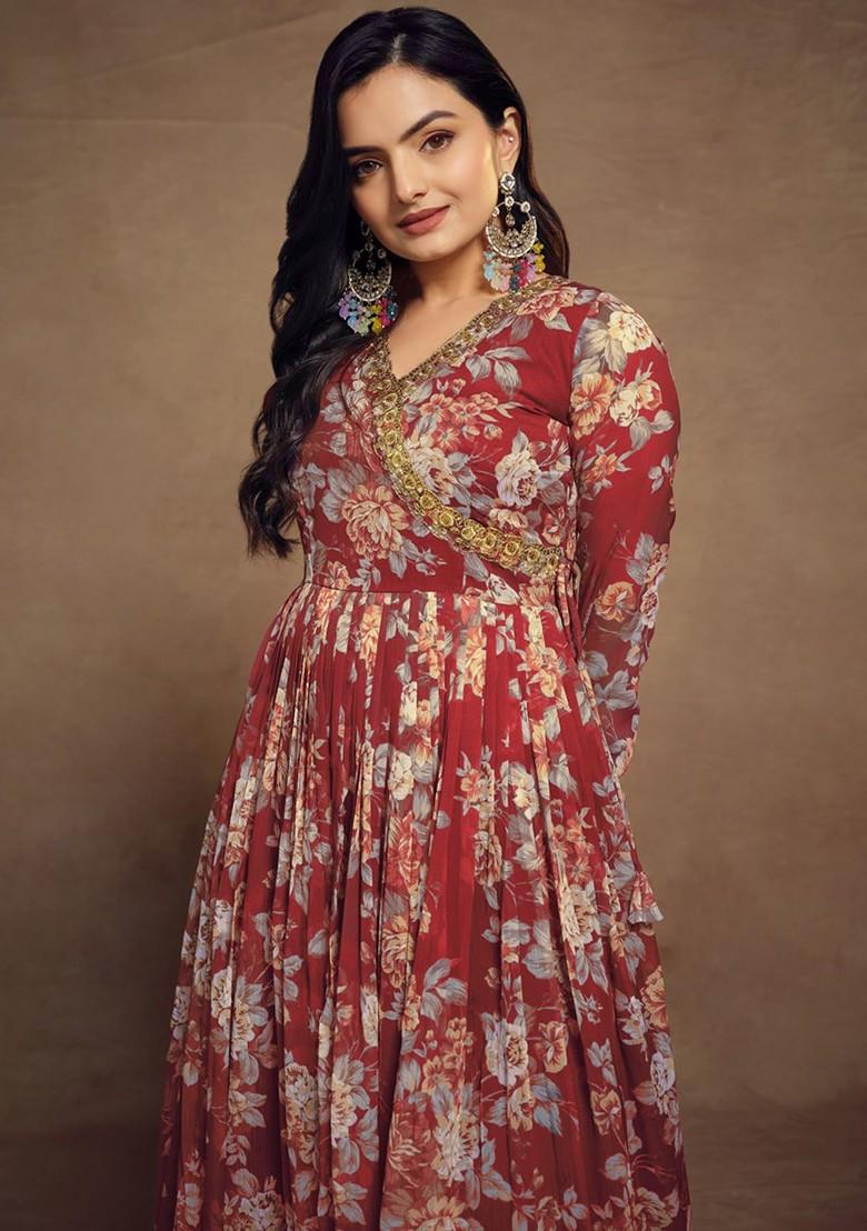 Red Printed Poly Blend Kurta Sets