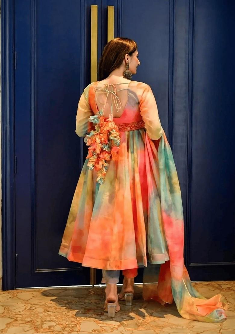 Orange Printed Poly Blend Kurta Sets