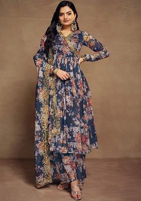 Blue Printed Poly Blend Kurta Sets