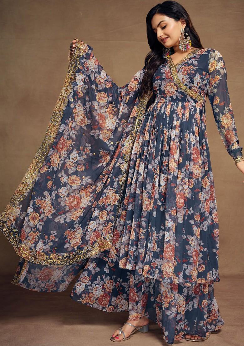 Blue Printed Poly Blend Kurta Sets