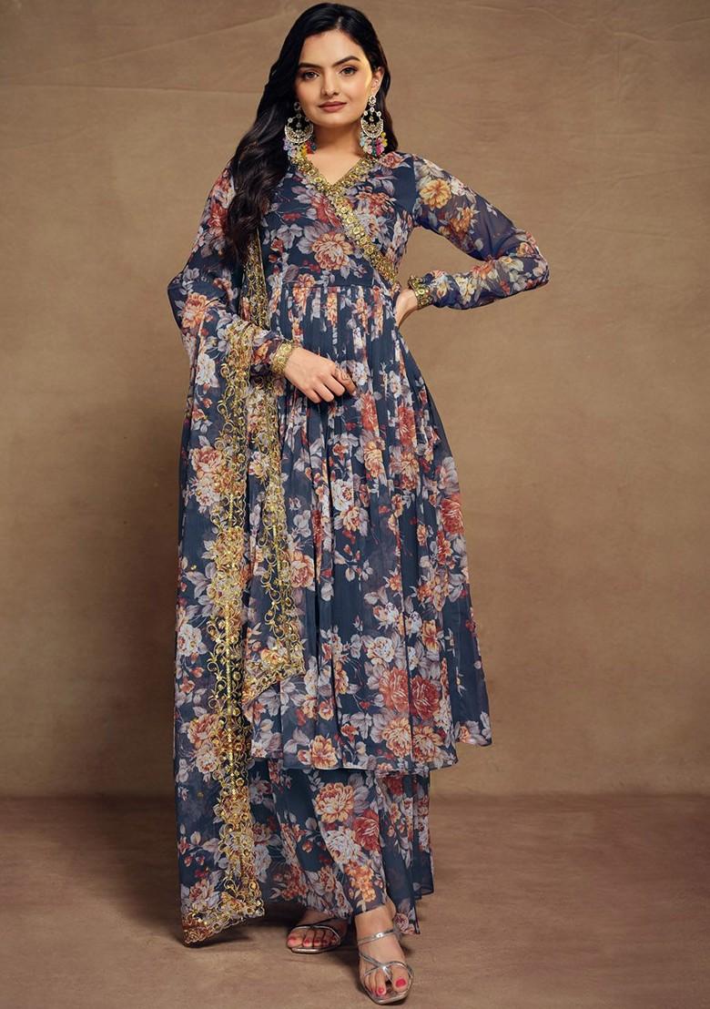 Blue Printed Poly Blend Kurta Sets