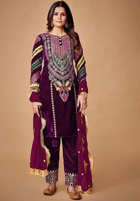Maroon Embroidered Poly Blend Kurta Sets