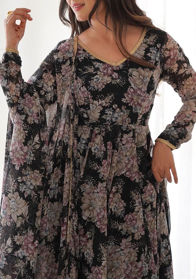 Black Printed Poly Blend Kurta Sets