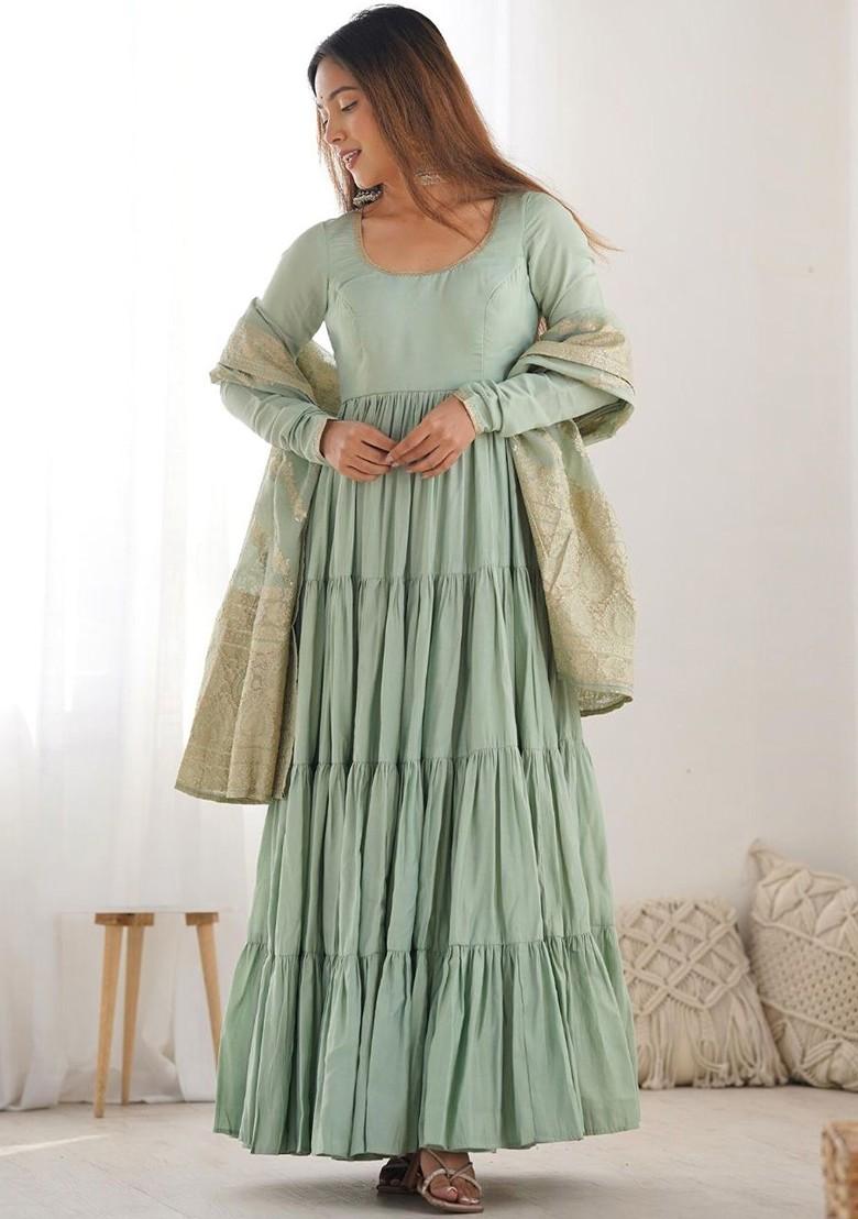 Green Solid Poly Blend Kurta Sets