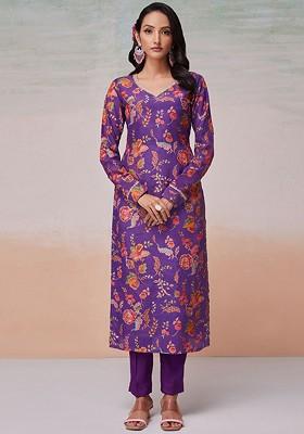 Purple Printed Poly Blend Kurta Sets