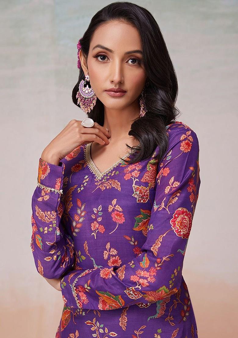 Purple Printed Poly Blend Kurta Sets