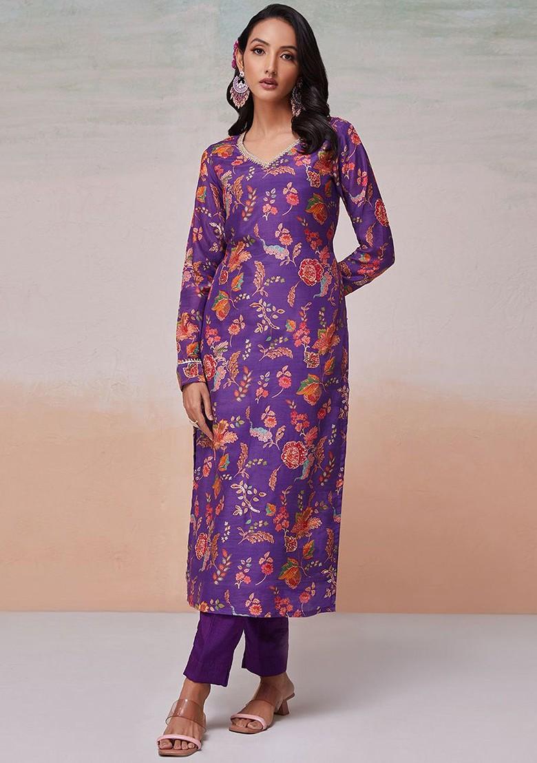 Purple Printed Poly Blend Kurta Sets