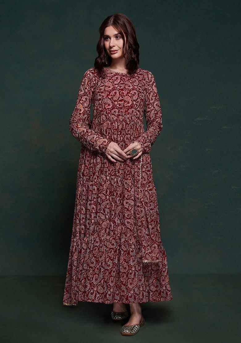 Maroon Printed Poly Blend Kurta with Dupatta