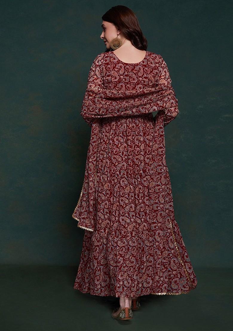 Maroon Printed Poly Blend Kurta with Dupatta