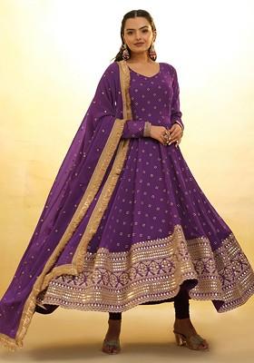 Purple Printed Poly Blend Kurta Sets