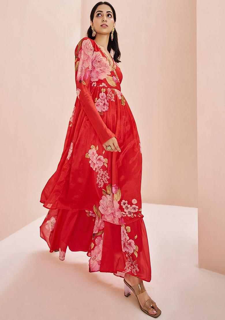 Red Printed Poly Blend Kurta Sets