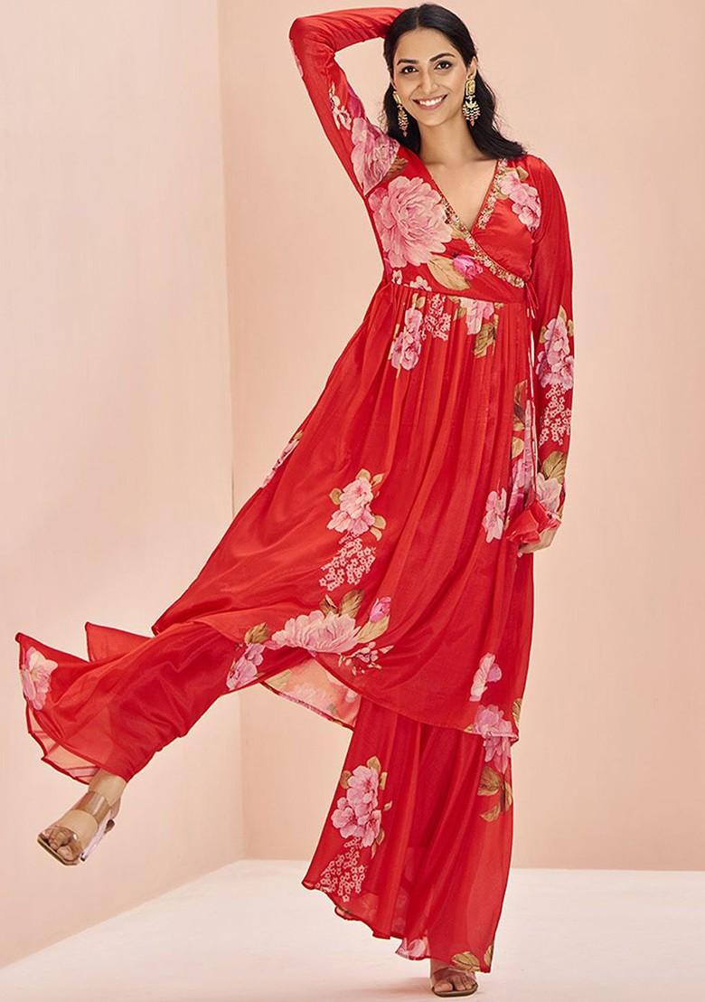 Red Printed Poly Blend Kurta Sets