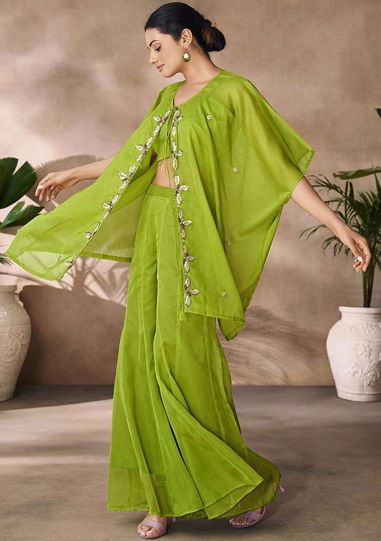 Green Embellished Poly Blend Fusion Set - Indya
