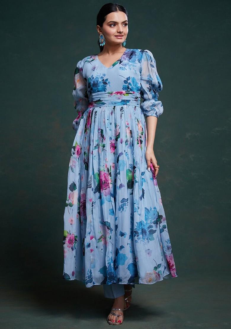 Blue Printed Poly Blend Kurta Sets