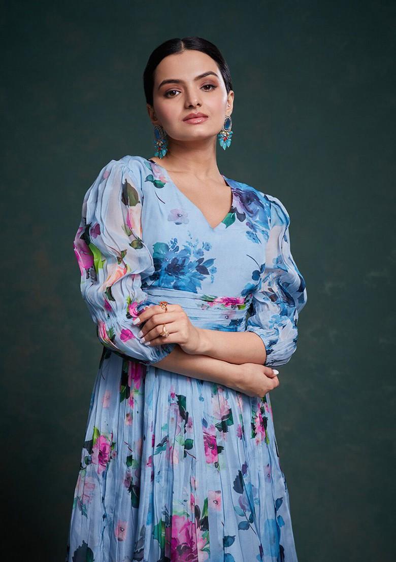 Blue Printed Poly Blend Kurta Sets