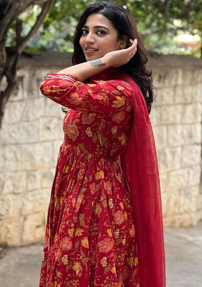 Maroon Printed Poly Blend Anarkali Sets