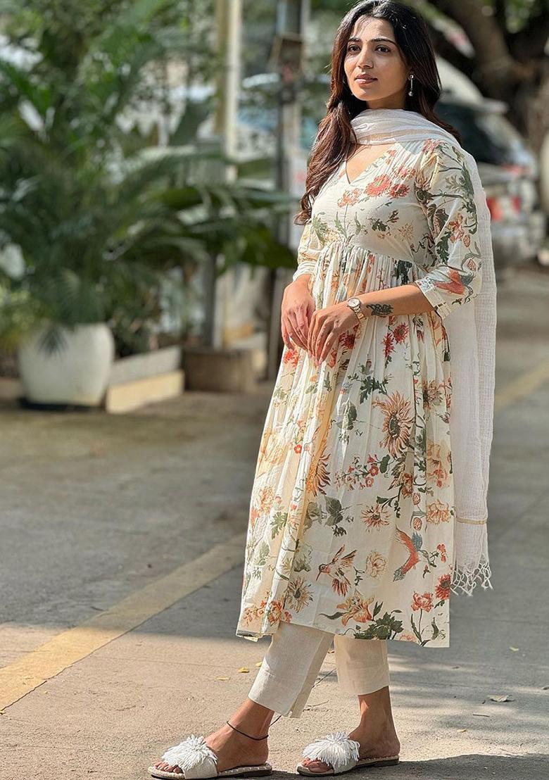 White Printed Poly Blend Anarkali Sets