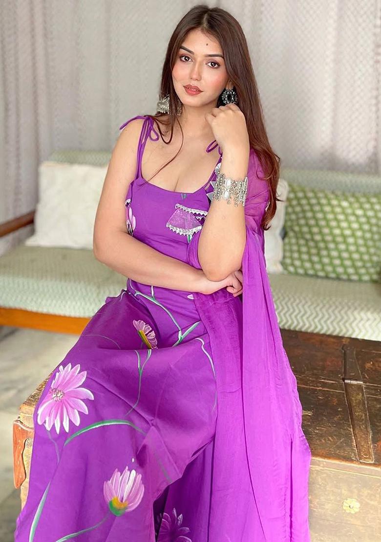 Purple Printed Poly Blend Kurta Sets