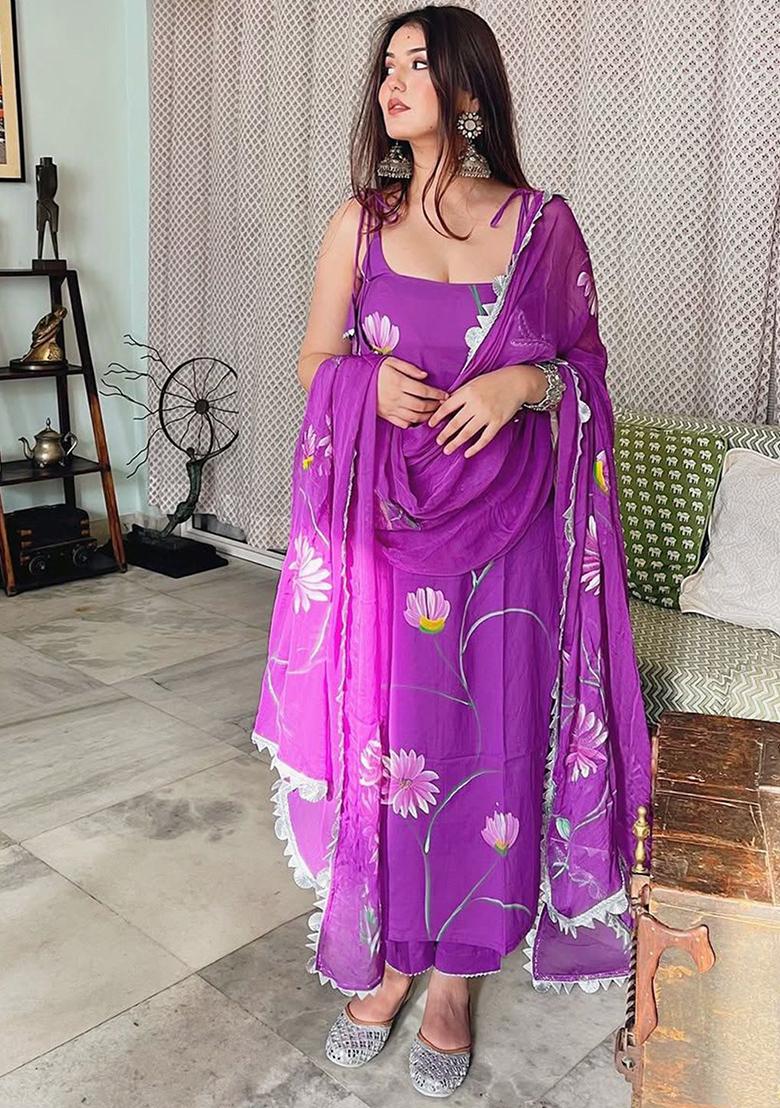Purple Printed Poly Blend Kurta Sets