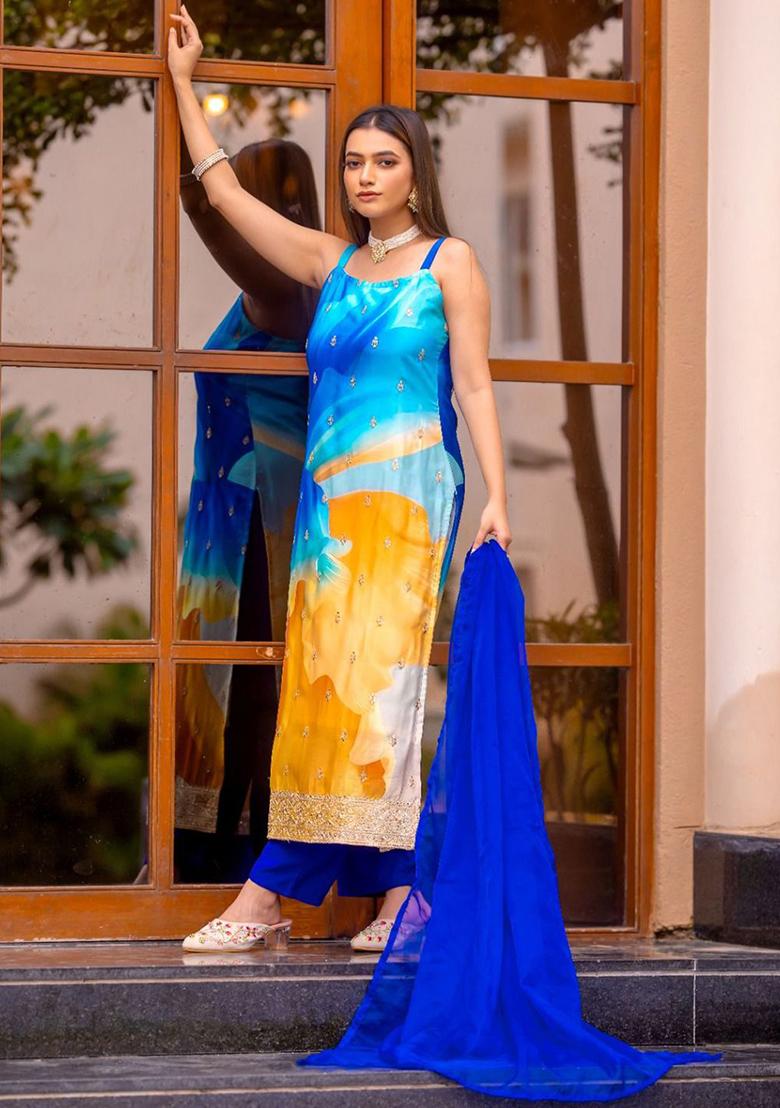 Blue Embroidered Poly Blend Kurta Sets