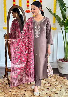 Brown Embroidered Poly Blend Kurta Sets